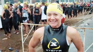 Kate Kohler prepares for swim race at Augusta Half Ironman in 2010.