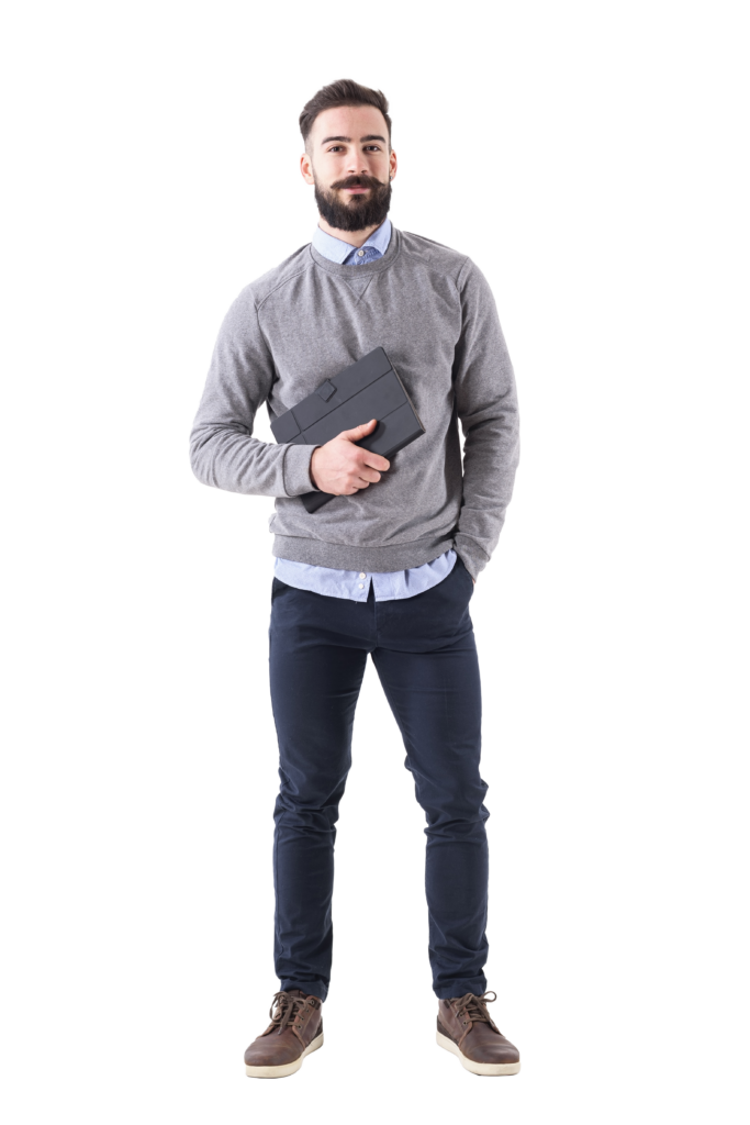 Smiling happy bearded businessman holding planner looking at camera. Full body isolated on transparent background.