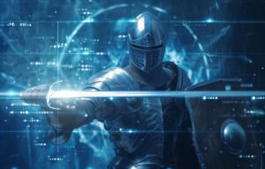medieval knight in armor with a sword and shield in comes out of the virtual screen. creative cyber security concept
