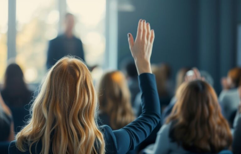 woman in a town hall meeting raising her hand