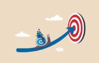 businessman riding snail slow walking on arrow to reach target.