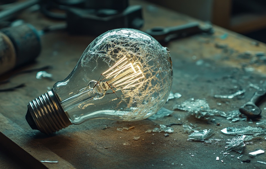 Shattered lightbulb on a workbench