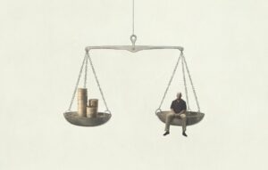 Illustration of surreal balance concept, man on one side of a scale, pile of coins on the other