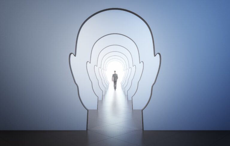 walking man back leading to light spot in the end of corridor through walls in form of human heads