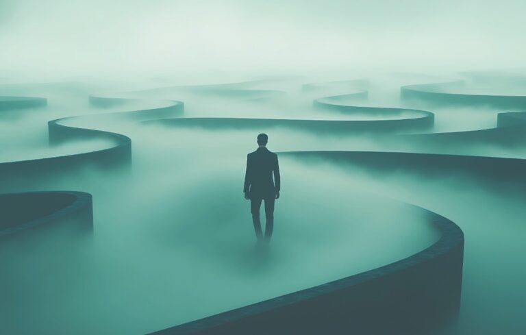 Businessman overlooking foggy landscape