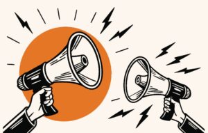 Megaphones, hands holding loudspeakers, orange circle background, black and white contrast, lightning bolts