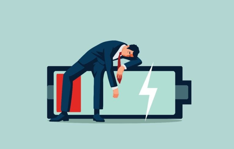 exhausted burnout business man lay down on low battery red color. worker life concept, cartoon vector art
