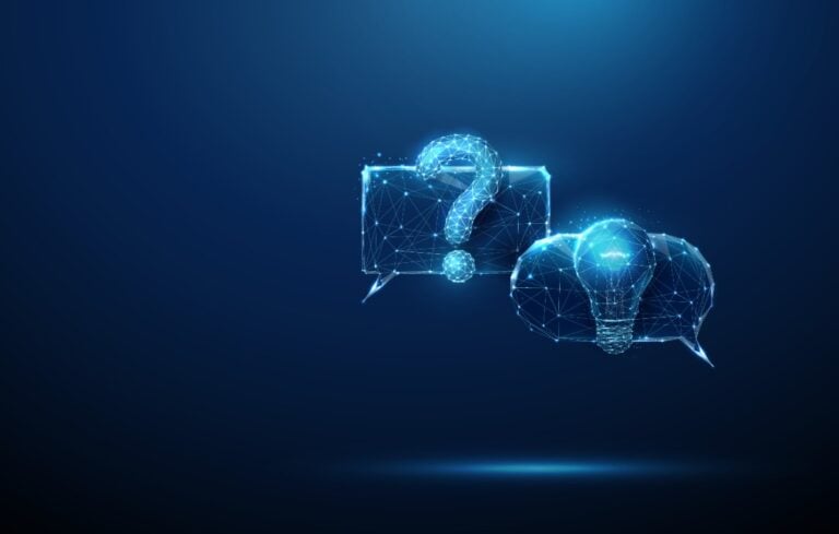 Blue futuristic chat bubbles with question mark and light bulb