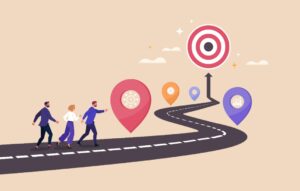 Vector cartoon illustration of a group of people in business suits walking along a road with different tasks towards a final goal at the end.