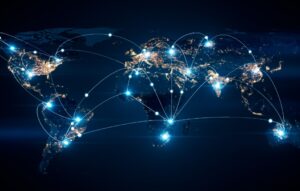 Global business concept of connections and information transfer in the world 3d illustration