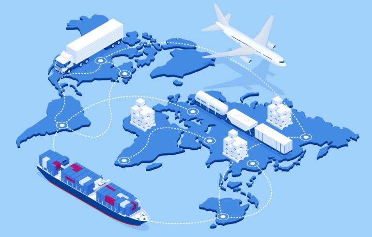 Global logistics network Flat 3d isometric vector illustration Icons set of air cargo trucking rail transportation maritime shipping