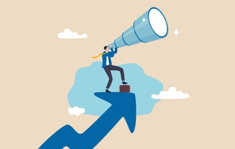 businessman climb up rising arrow with big telescope spyglass