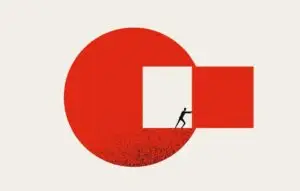 Vector illustration of person pushing square out of red circle