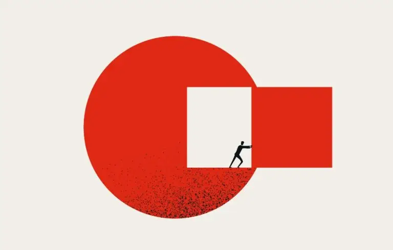 Vector illustration of person pushing square out of red circle