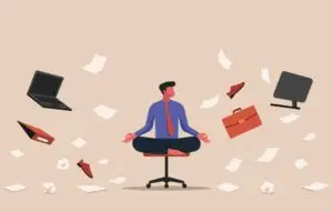 Illustration of business person sitting crosslegged in chair with papers flying around