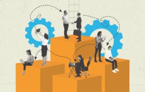 Business people standing on columns with illustrated gears