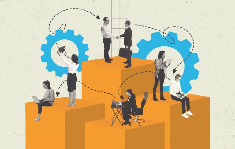 Business people standing on columns with illustrated gears