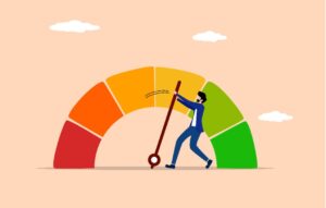 Businesspeople pushing performance metrics upwards