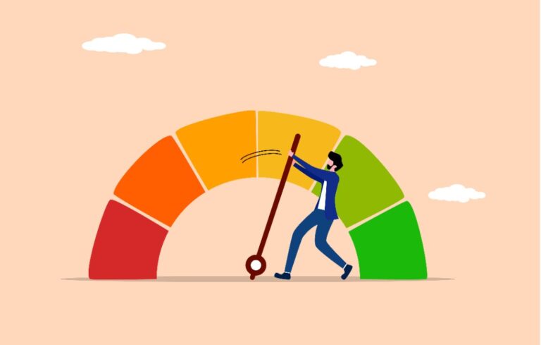 Businesspeople pushing performance metrics upwards