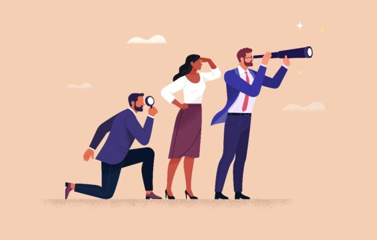 Vector illustration in flat style of three diverse people in business outfits looking forward. Isolated on background