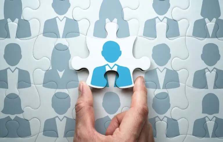 Selecting person and building team. Business people relationship concept.Connecting last jigsaw puzzle piece.