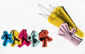 Playful collage of business people walking toward megaphone with cheerful energy.