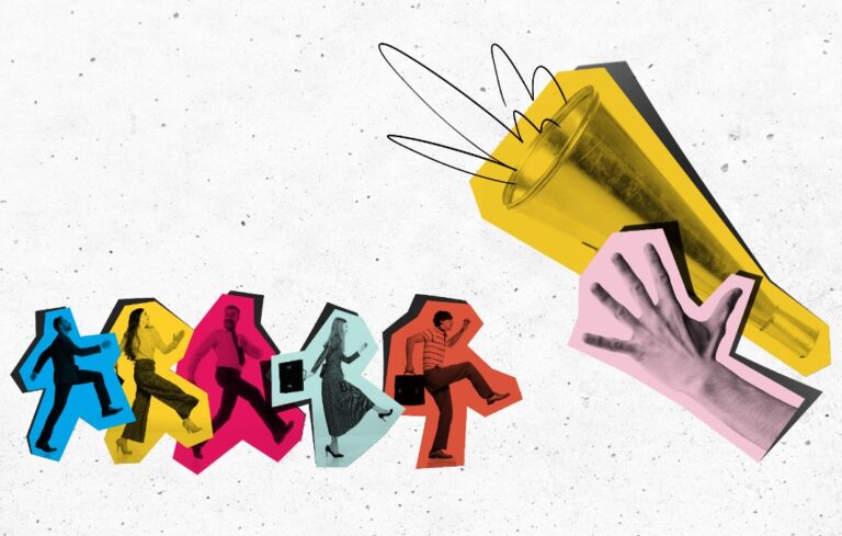 Playful collage of business people walking toward megaphone with cheerful energy.