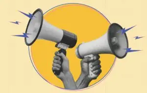 art collage featuring hands with megaphones.