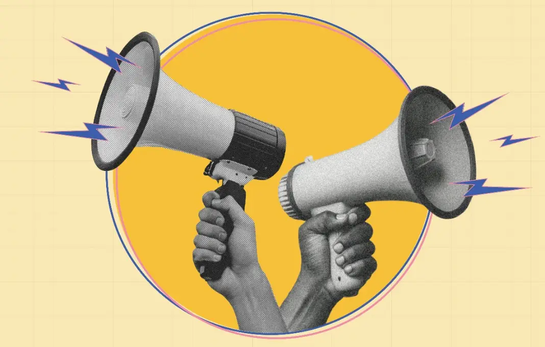 art collage featuring hands with megaphones.