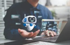 Man uses laptop with AI assistant