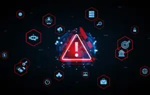 Cybersecurity threat alert with digital warning icons and AI symbols on a futuristic tech background