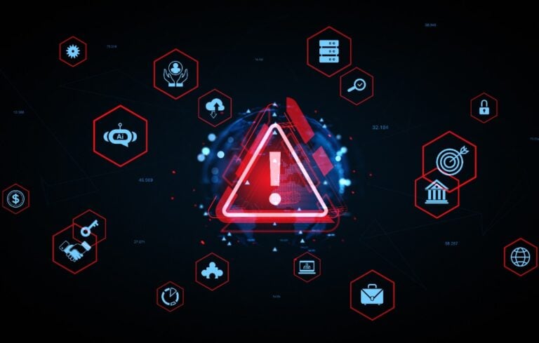 Cybersecurity threat alert with digital warning icons and AI symbols on a futuristic tech background