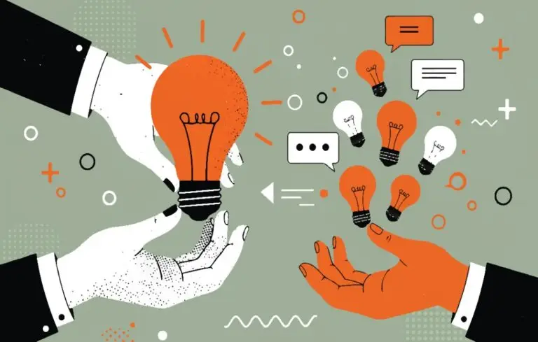 Two hands passing light bulb with glowing idea to another hand with symbols around