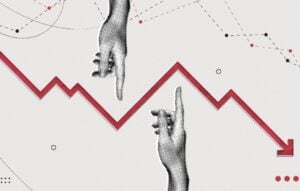 Collage hands reaching towards down-pointing red arrow