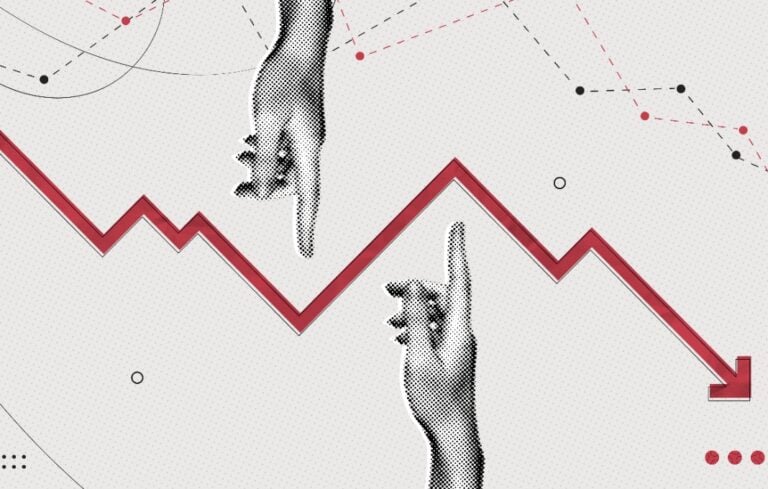 Collage hands reaching towards down-pointing red arrow