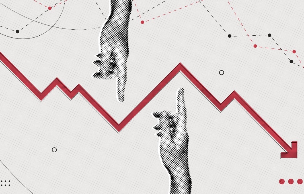 Collage hands reaching towards down-pointing red arrow