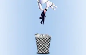 AI robot hand holds a human worker above a trash bin