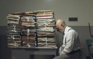 business executive with lots of paperwork