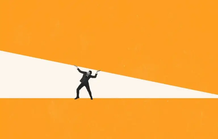 Illustration of business man being squished between orange blocks