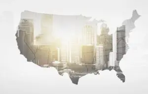 map of united states of america over city