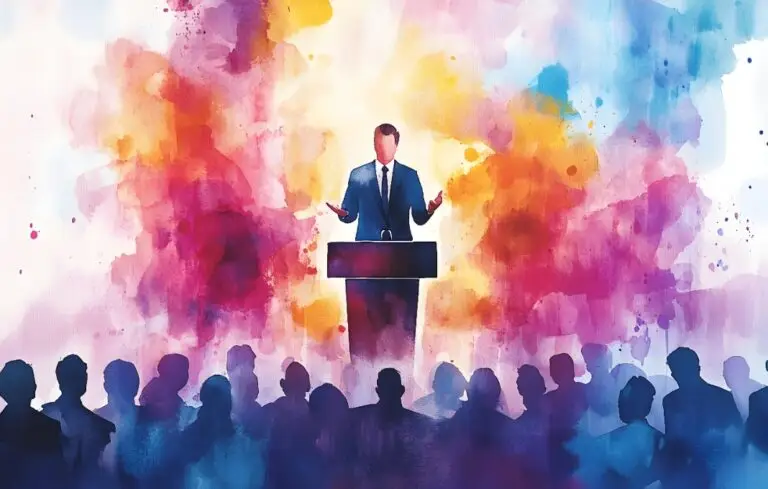 Watercolor image of CEO at podium