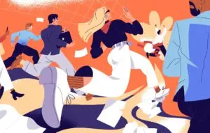 Businessmen and businesswomen run to cross the finish line and win.