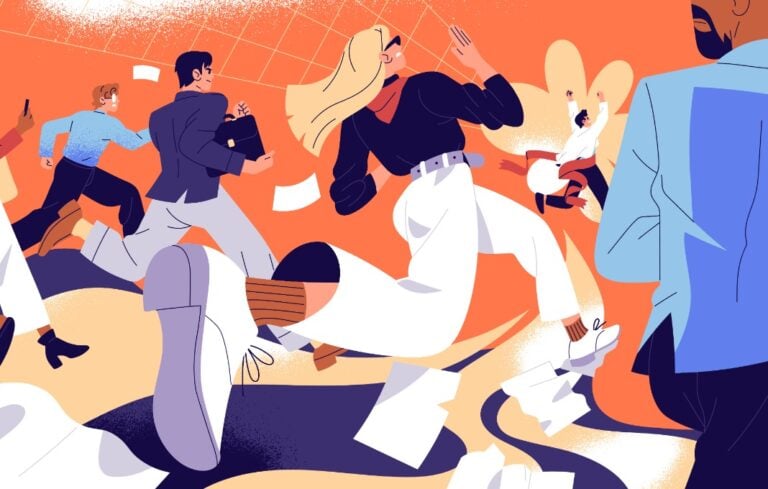 Businessmen and businesswomen run to cross the finish line and win.