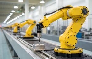 Industrial robotic arms working on metal parts in a modern factory with bright lighting