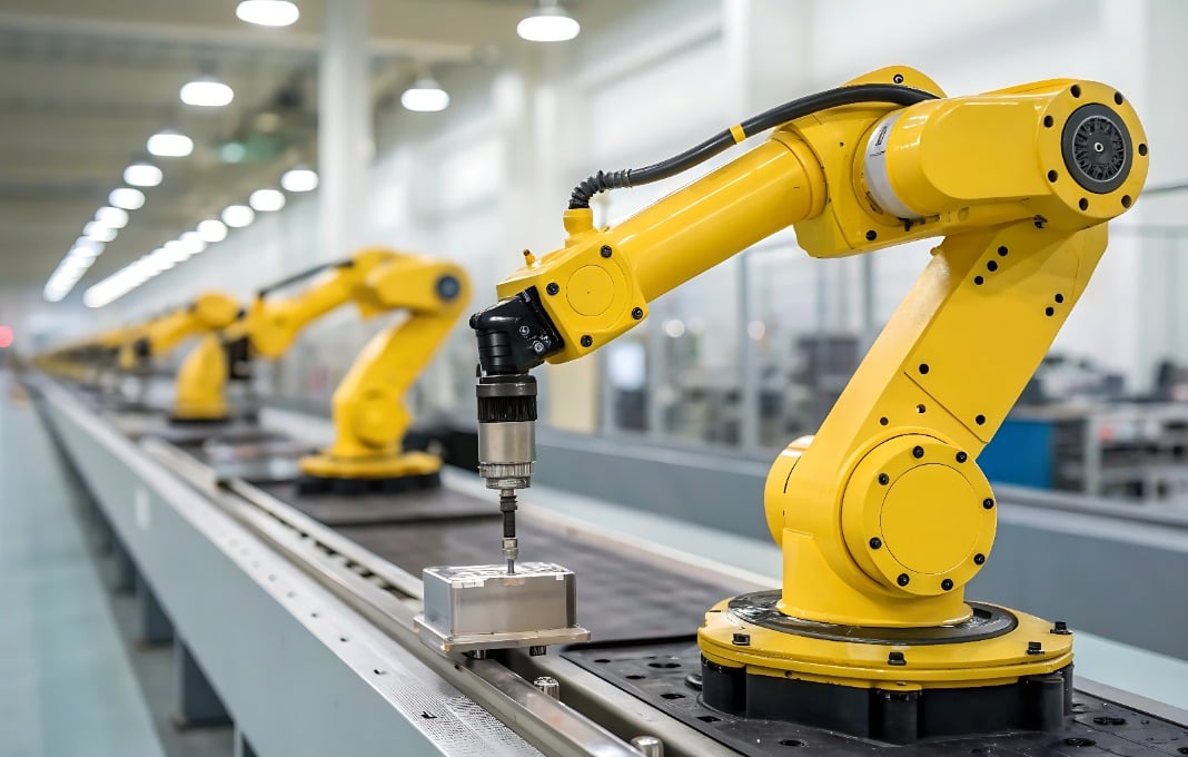 Industrial robotic arms working on metal parts in a modern factory with bright lighting