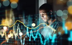 Businessman, tablet and dashboard at night of stock market, trading or graph and chart data at office.