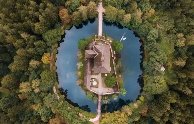 Overhead view of moat around house