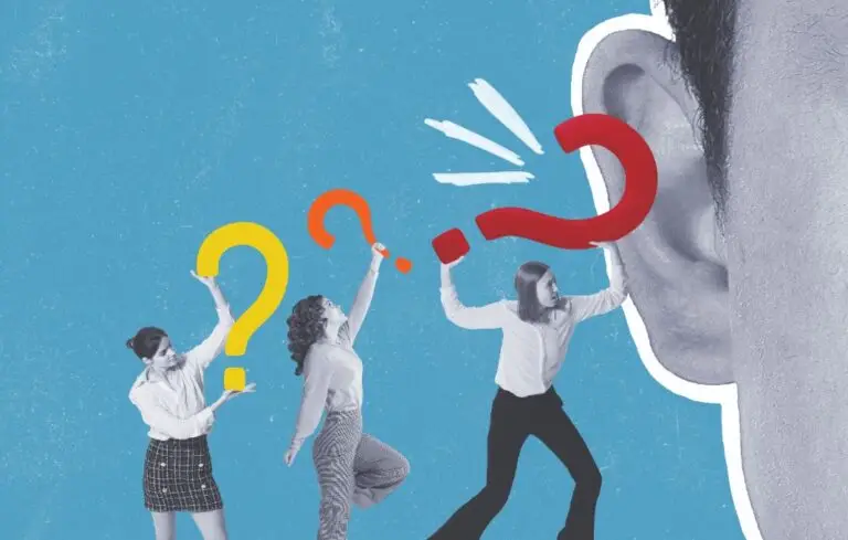 Illustration of business people putting question marks in a large ear