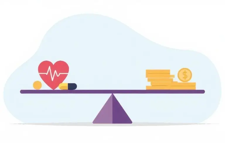 A scale with gold coins on one side and a heart and pills on the other