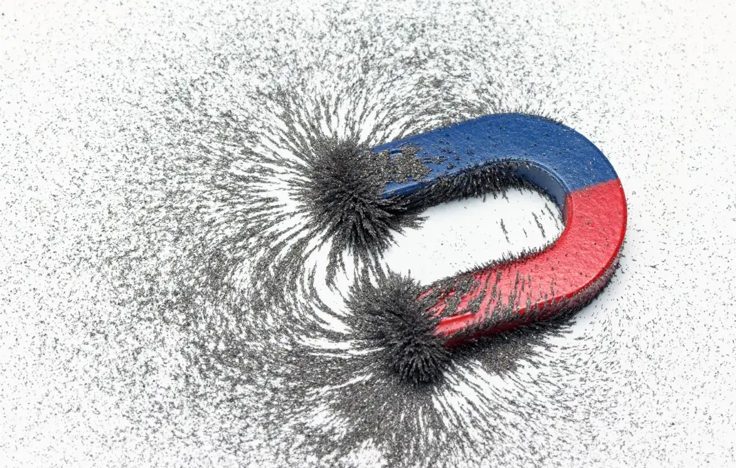 Downloaded File #: 140730658 Red and blue horseshoe magnet or physics magnetic with iron powder magnetic field on white background.
